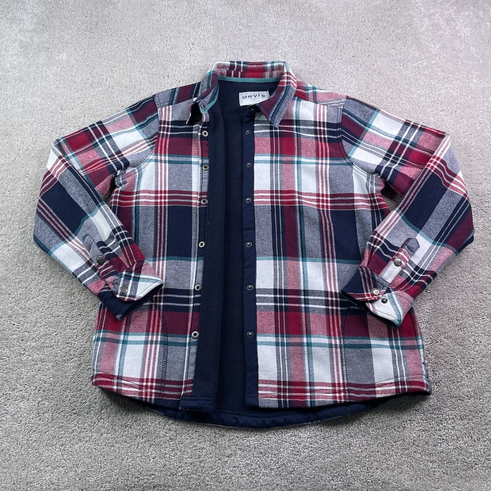 Orvis Shirt Jacket Women Large Red Blue Plaid Fleece Lined Snap Pinnacle Shacket